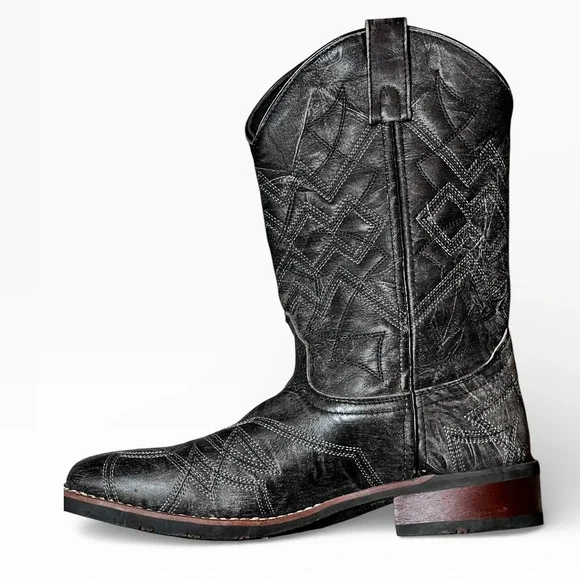 Laredo Axel Men 8D Black Distressed Leather Square Toe Cowboy Boots 7927 Western - Picture 2 of 11